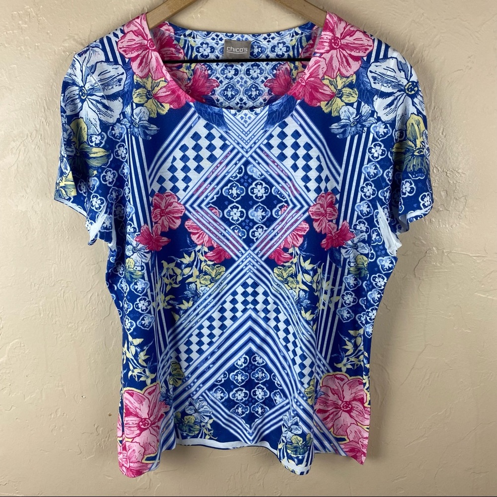 Chicos Blue Pink Floral Short Sleeve T-shirt Top Large